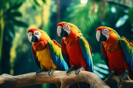 Several parrots on a branch in a tropical forestの素材