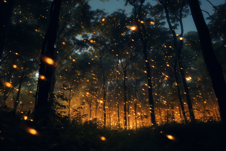 A forest full of bright fireflies at nightの素材