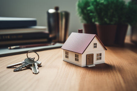 Miniature of a house, and a key next to itの素材