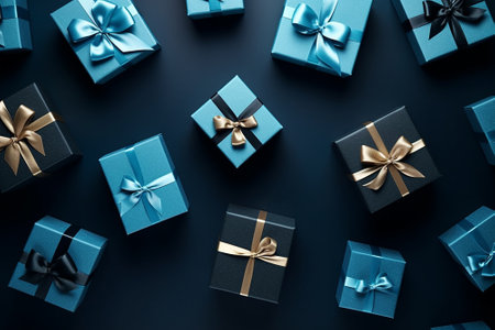 Wrapped gifts on blue backgroundの素材