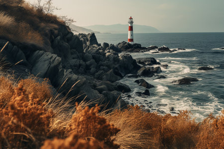 A rocky beach and a lighthouse on the seashoreの素材