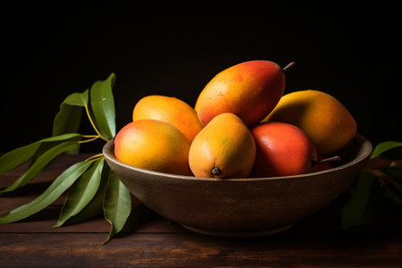 Ripe mango fruits in a plateの素材