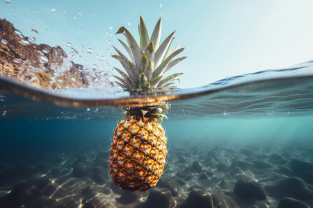 A pineapple floating in an oceanの素材