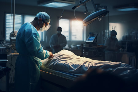 An operating room with a surgeonの素材