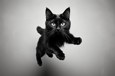 A jumping cat, black and white pictureの素材