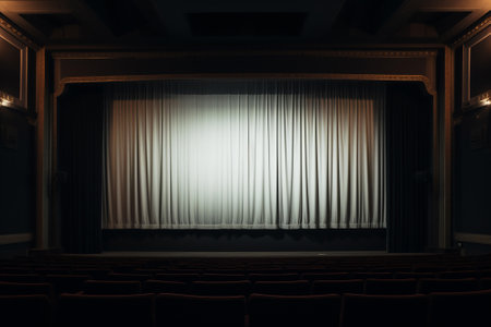 A cinema hall with a curtain and a large screenの素材