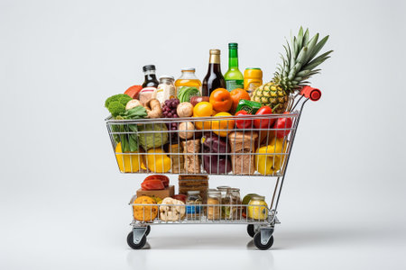 A basket with food products on a white backgroundの素材