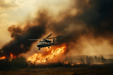 A helicopter passing through flamesの素材