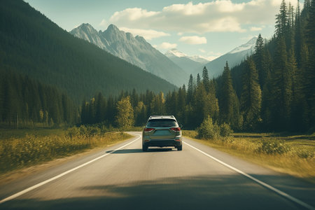 A minivan traveling through forested mountainsの素材