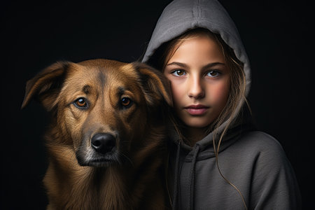 A girl and a dog on a black backgroundの素材