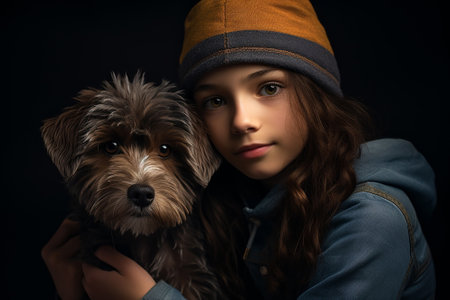 A girl and a dog on a black backgroundの素材