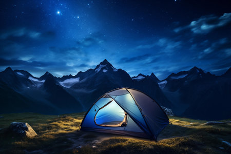 A tent on top of a mountain at nightの素材