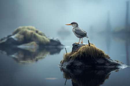 A bird on a stone in the middle of a lakeの素材
