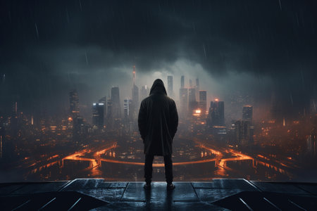 A man with a hoodie against the background of a cityの素材
