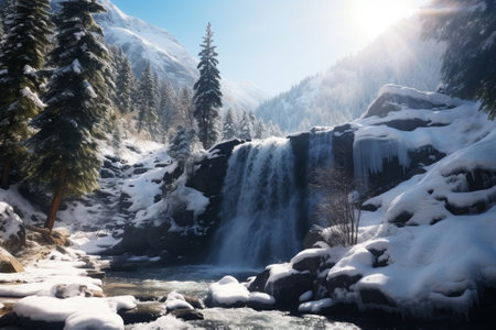 A waterfall in the mountains in winterの素材