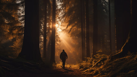 Silhouette of a man walking through the forestの素材