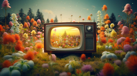A vintage TV surrounded by flowersの素材