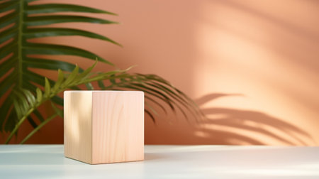 A wooden cube on a pastel backgroundの素材