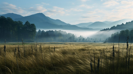 A plain at the edge of a forest, fog in the backgroundの素材