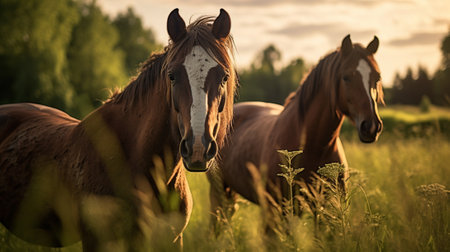 Two horses grazing togetherの素材