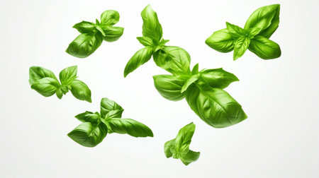 Basil leaves floating in the air on a white backgroundの素材