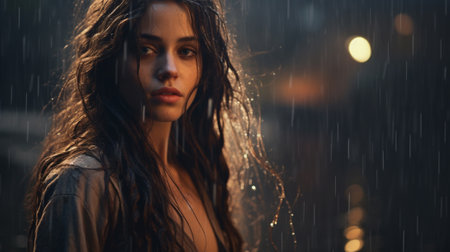 A girl with long hair in the rainの素材