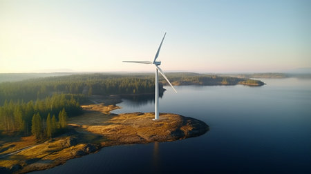 A wind turbine on the shore of a lakeの素材