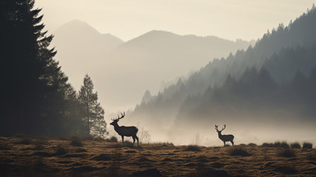 The silhouette of a deer on a plain in the mountainsの素材