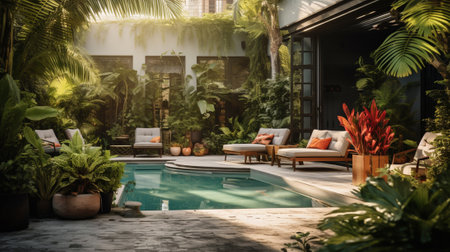 A scene of a yard with lots of greenery and a swimming poolの素材