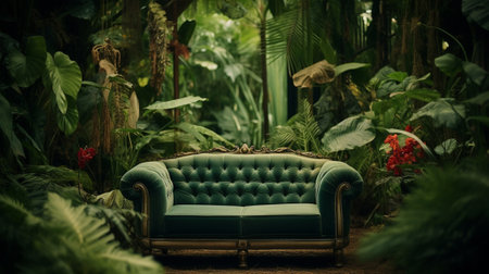 A green vintage armchair in the jungleの素材