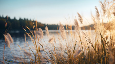 Tall grass on the shore of a lakeの素材