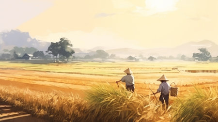 Workers in a rice field, watercolor paintingの素材