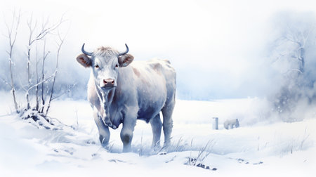 A minimalist watercolor painting with a cow in winter styleの素材