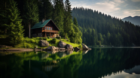 A lonely house on the shore of a lake in the forestの素材
