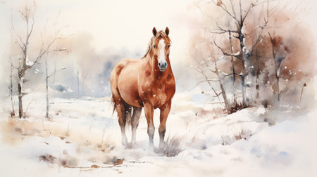 A minimalist watercolor painting with a horse in winter styleの素材