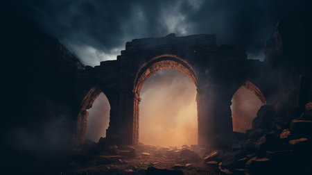 An old arch, with rays of light behindの素材