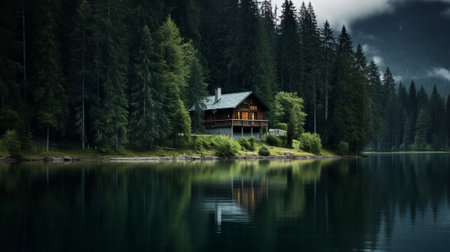 A lonely house on the shore of a lake in the forestの素材