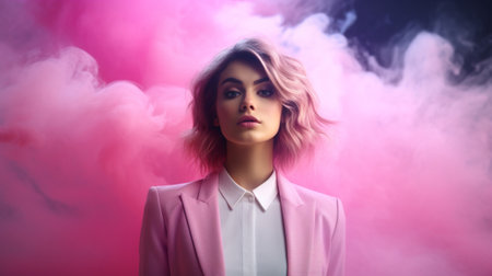 A business lady in pink on a background of pink smokeの素材