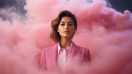 A business lady in pink on a background of pink smokeの素材
