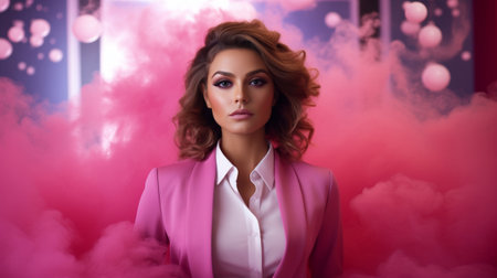 A business lady in pink on a background of pink smokeの素材