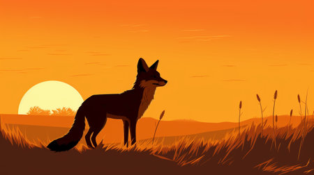 The silhouette of a fox on a plain at sunset, created in 2d softwareの素材