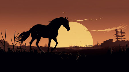 The silhouette of a horse on the background of a plain at sunset, illustrationの素材