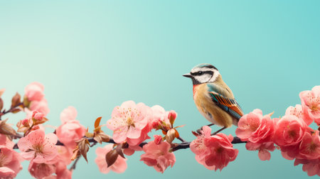 A small bird, on a branch with flowers, on a pastel backgroundの素材