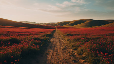 A row of red poppy flowers in a fieldの素材