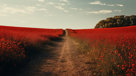 A row of red poppy flowers in a fieldの素材