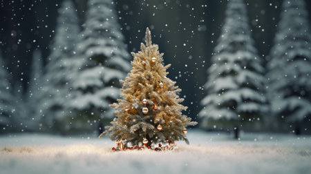 A decorated Christmas tree in a forest in winterの素材