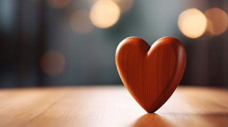 A wooden heart on a wooden tableの素材
