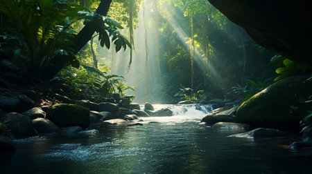 A quiet scene with a river in a tropical forestの素材