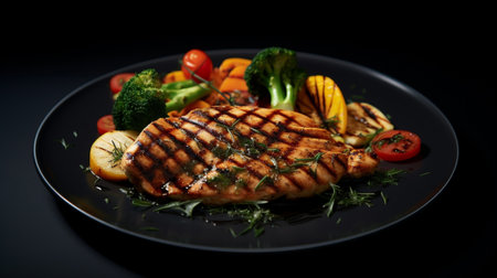 Grilled chicken with vegetables on plateの素材