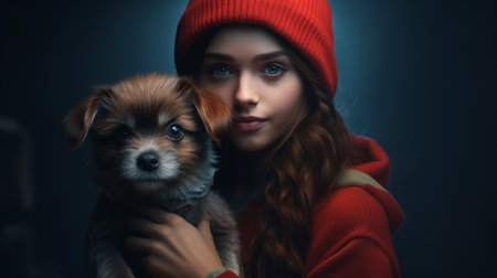 A little girl holds a puppy in her handの素材